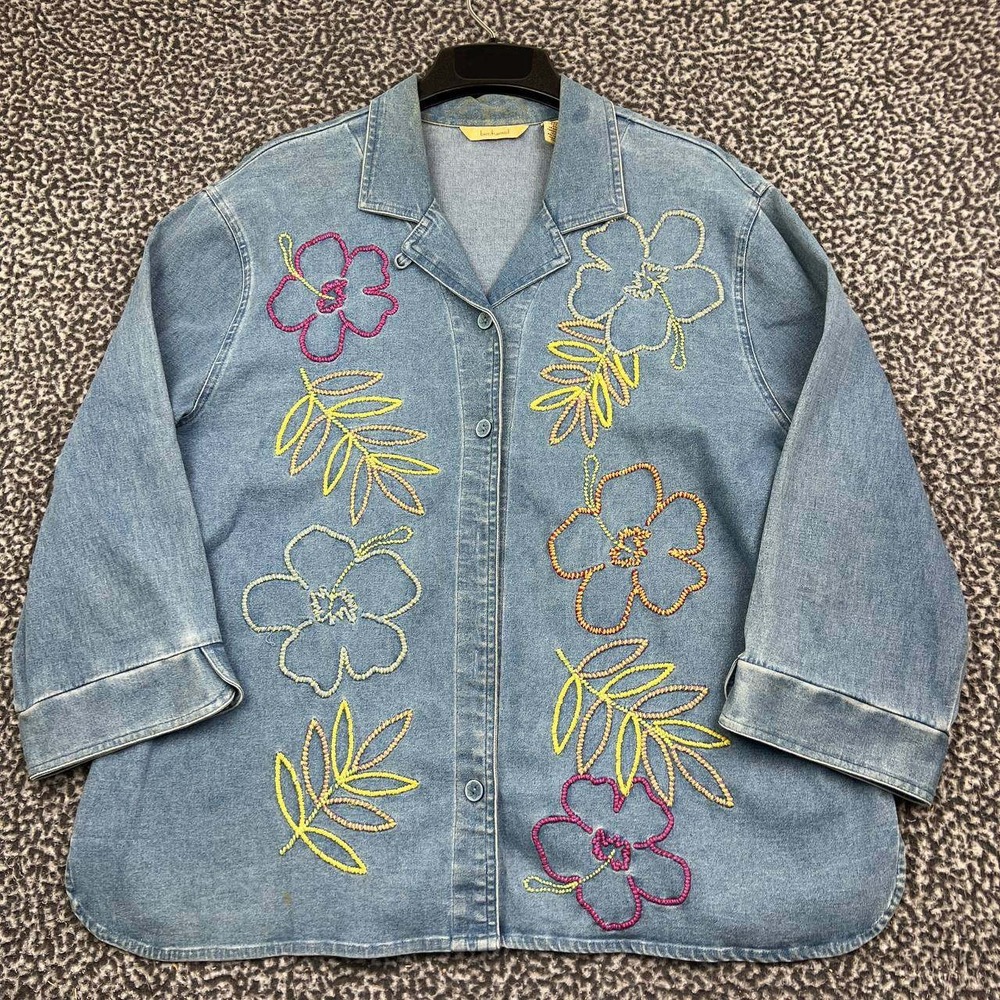 Bechamel Shacket Women XL Blue Denim Floral Embroidered Button Front
